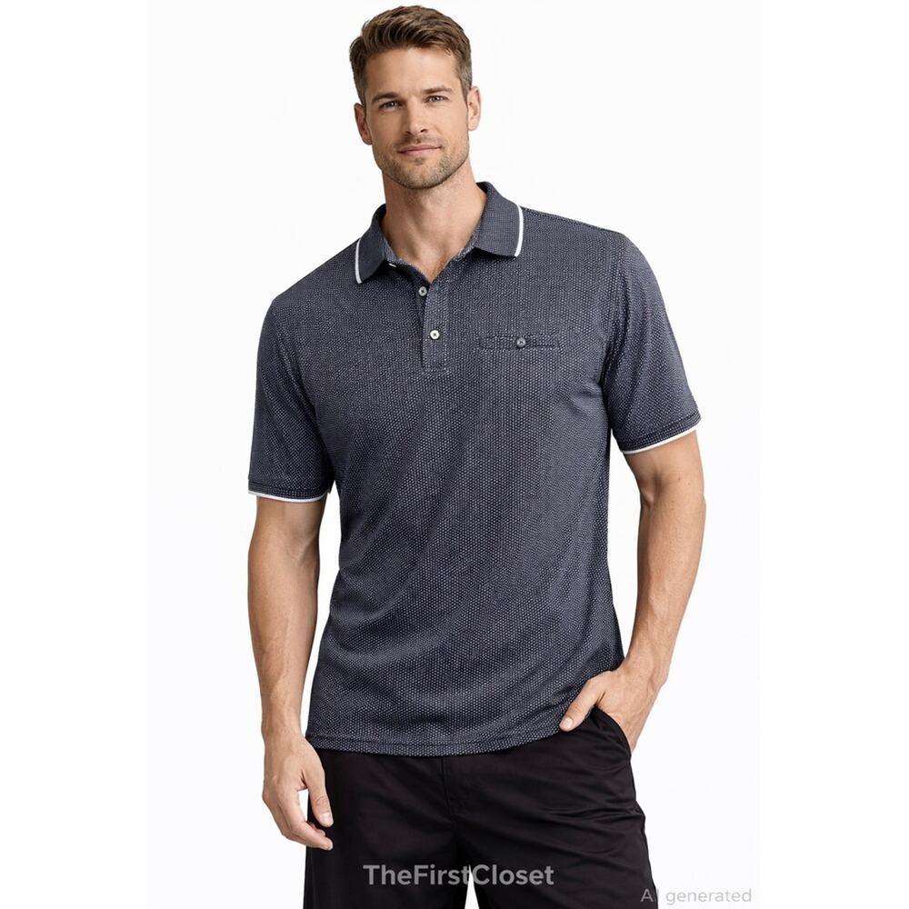 Buttercloth Mens Polo‎ Shirt Icy Cotton Blue Dot Pattern Short Sleeve Size M
